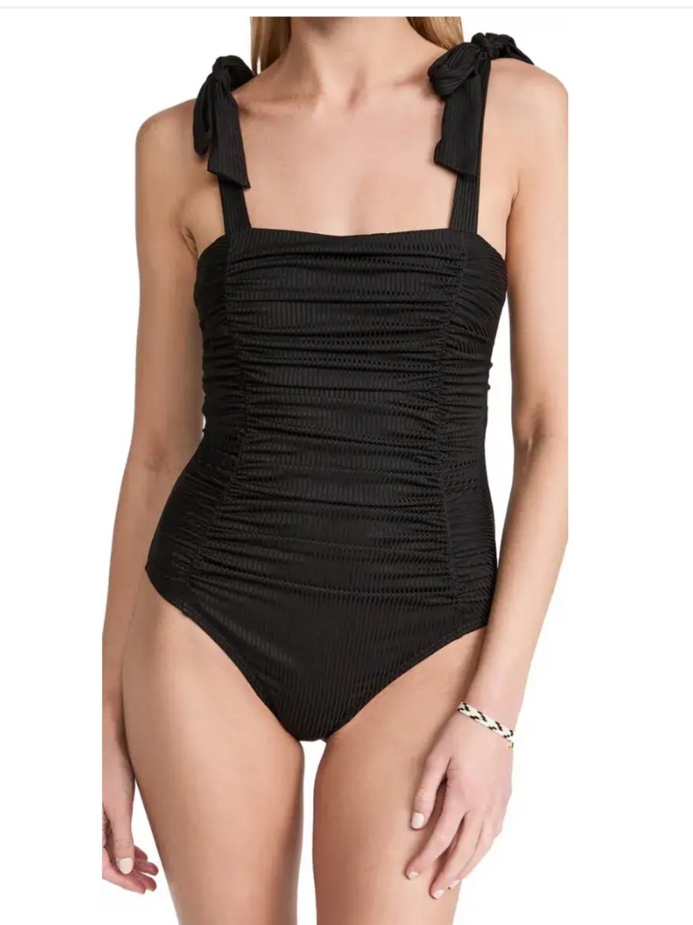 MINKPINK Ruched One-Piece Swimsuit in Black with Tie Straps